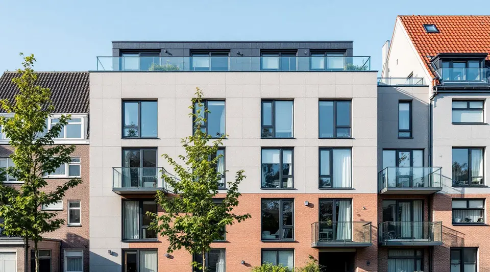 Een appartementengebouw na renovatie, met een lichte geïsoleerde gevel, nieuwe donkere kozijnen en glazen balkons