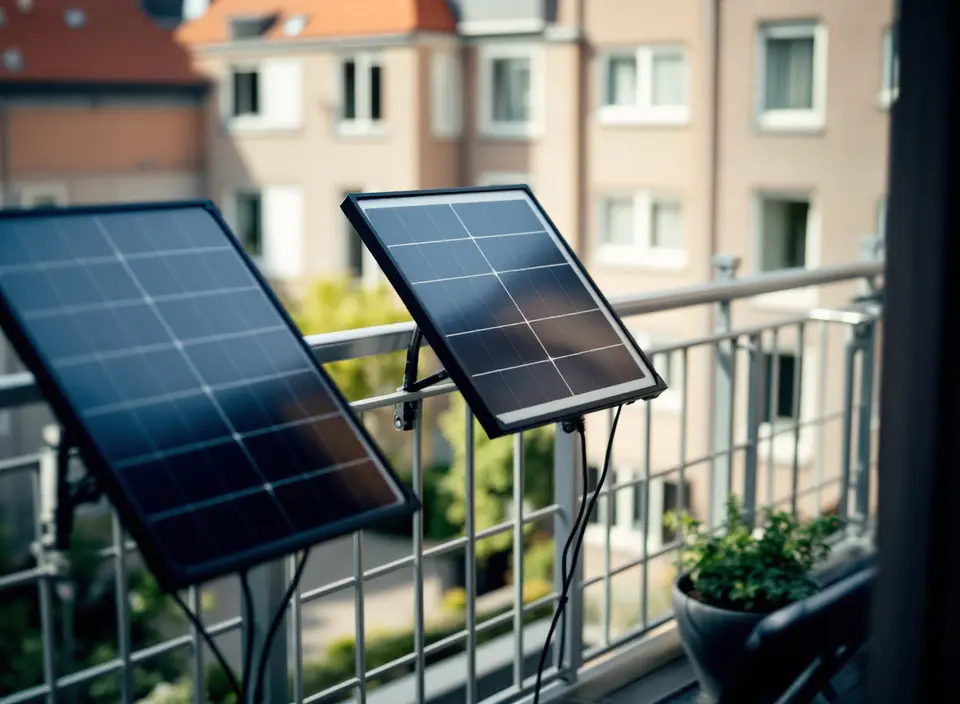 Twee kleine zonnepanelen aan de balustrade van een balkon, met uitzicht op andere appartementen